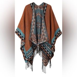 Women’s Aztec Print Fringe Ponchó Sarape Cape Wrap Shawl
